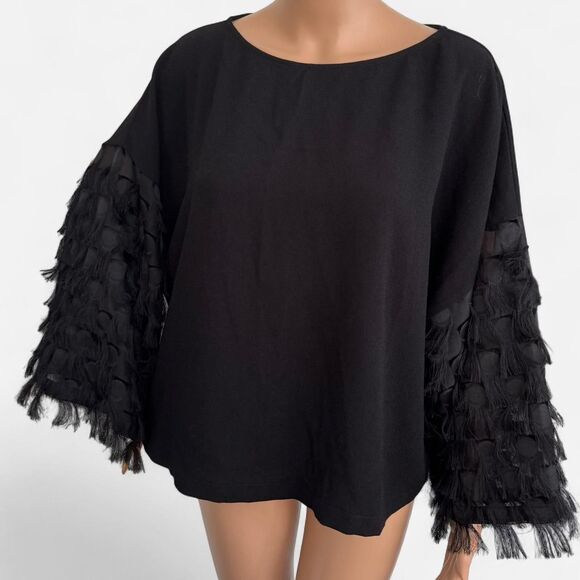 H&M Black Feathered Fringe Sleeve Black Blouse Boxy Top 14 - Picture 2 of 6